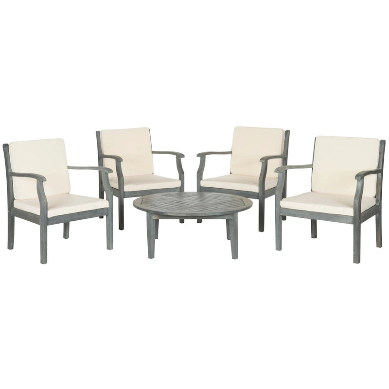 SAFAVIEH Outdoor Living Colfax Brown Acacia Wood 5-piece Beige Cushion Patio Set - Ash Grey/Beige - 35 W x 35 D x 14 H