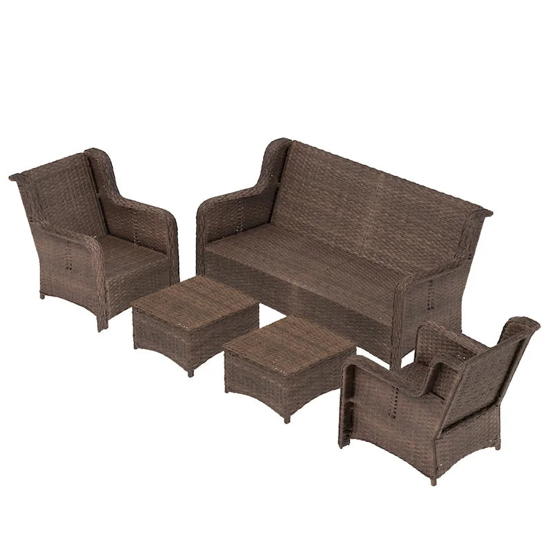 5 Piece Rattan Outdoor Sectional Conversation Set with 3 Seat Couch 2 Chairs and Ottomans for Patio or Balcony