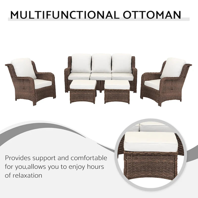 5 Piece Rattan Outdoor Sectional Conversation Set with 3 Seat Couch 2 Chairs and Ottomans for Patio or Balcony