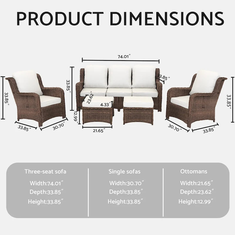 5 Piece Rattan Outdoor Sectional Conversation Set with 3 Seat Couch 2 Chairs and Ottomans for Patio or Balcony