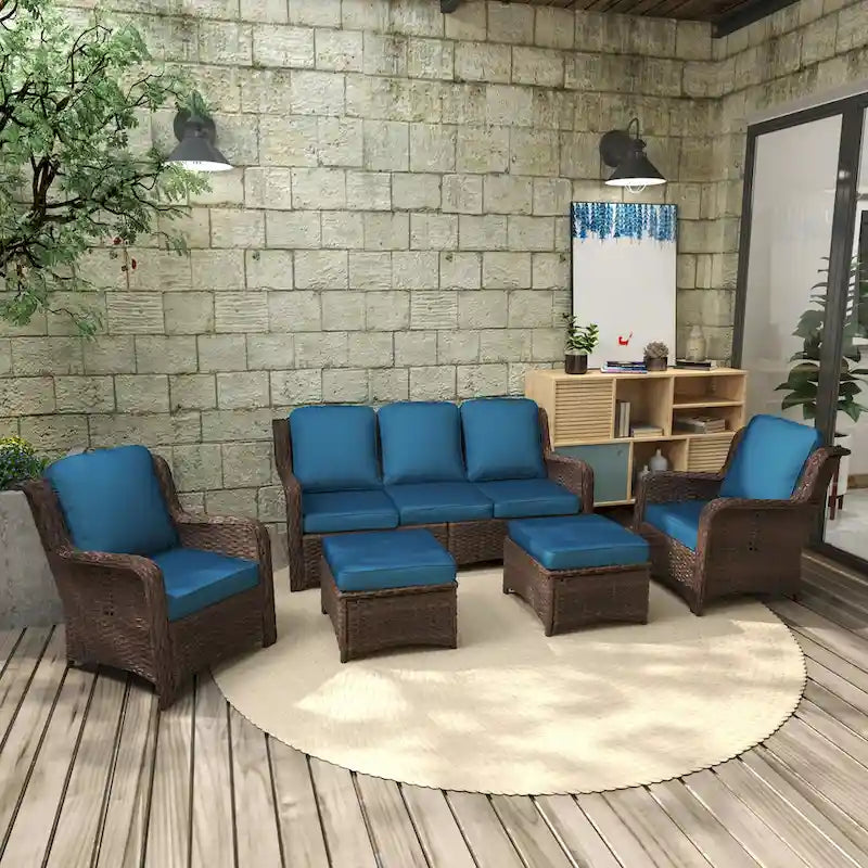 5 Piece Rattan Outdoor Sectional Conversation Set with 3 Seat Couch 2 Chairs and Ottomans for Patio or Balcony