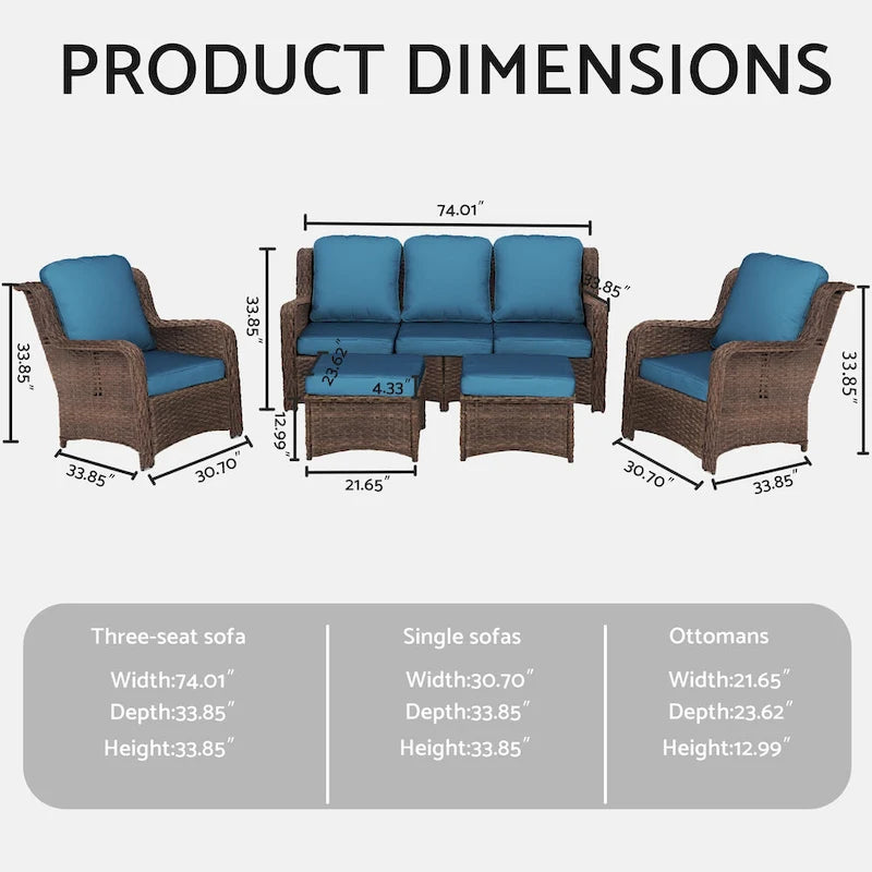 5 Piece Rattan Outdoor Sectional Conversation Set with 3 Seat Couch 2 Chairs and Ottomans for Patio or Balcony