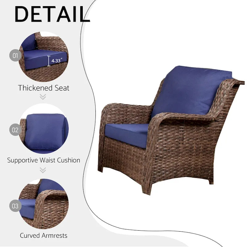 5 Piece Rattan Outdoor Sectional Conversation Set with 3 Seat Couch 2 Chairs and Ottomans for Patio or Balcony
