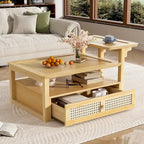 U Can Modern Coffee Table with Storage Shelf Rattan Drawer