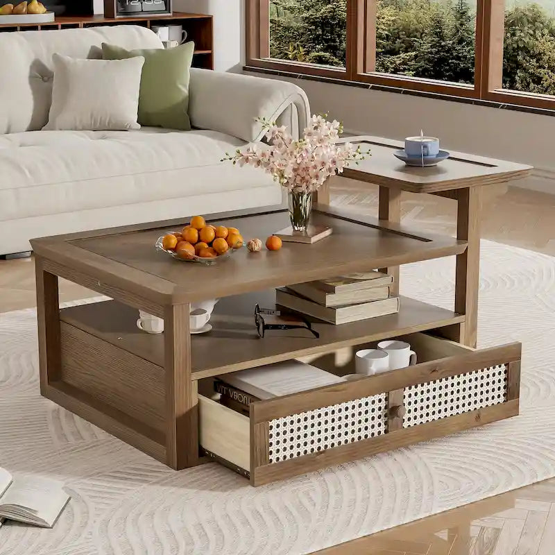 U Can Modern Coffee Table with Storage Shelf Rattan Drawer