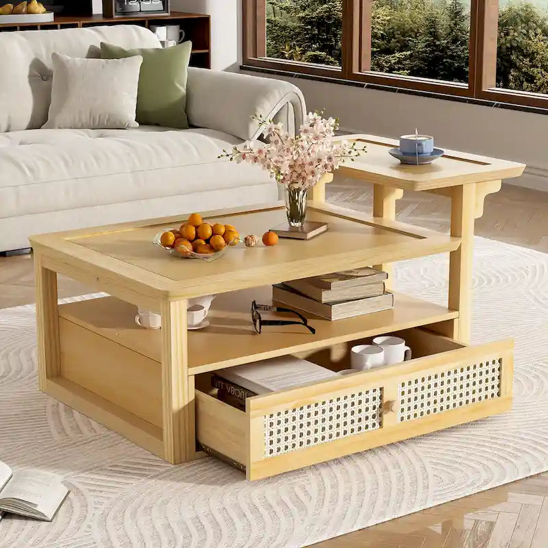 U Can Modern Coffee Table with Storage Shelf Rattan Drawer