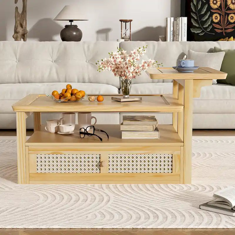 U Can Modern Coffee Table with Storage Shelf Rattan Drawer