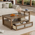 U Can Modern Coffee Table with Storage Shelf Rattan Drawer