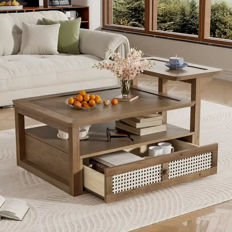 U Can Modern Coffee Table with Storage Shelf Rattan Drawer