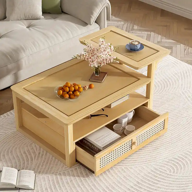 U Can Modern Coffee Table with Storage Shelf Rattan Drawer