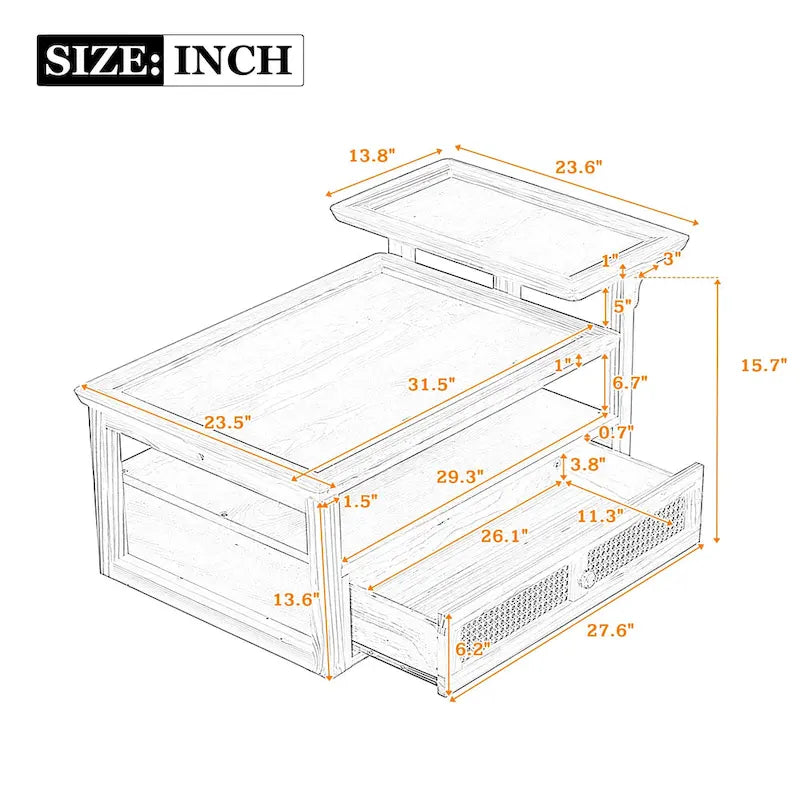 U Can Modern Coffee Table with Storage Shelf Rattan Drawer