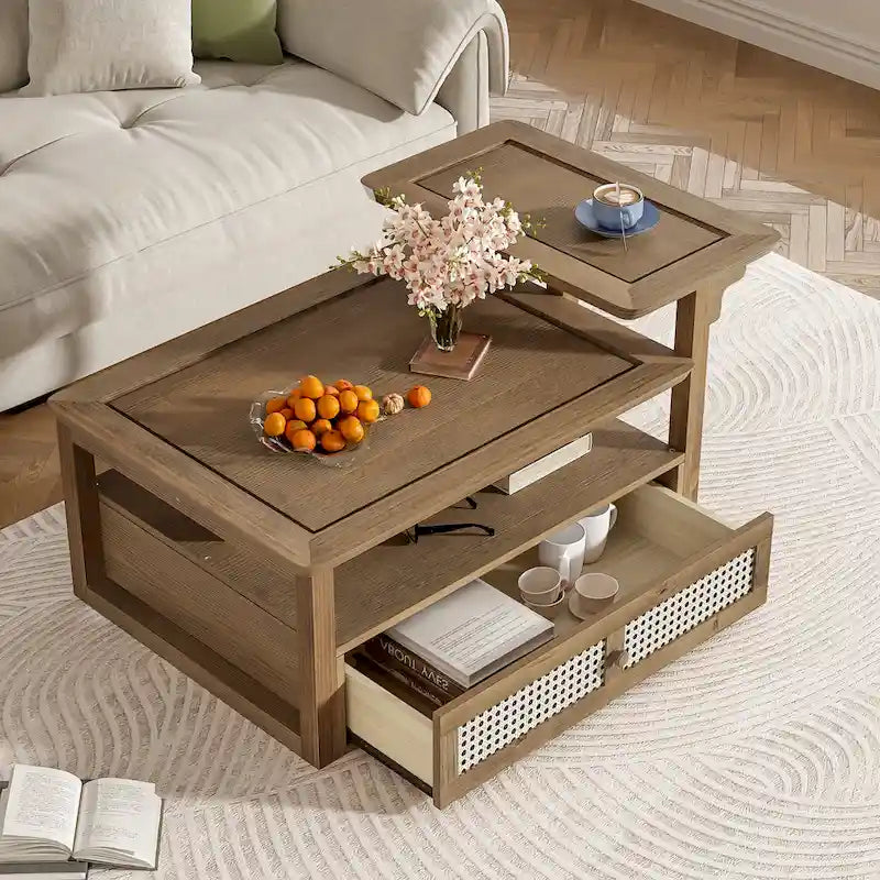 U Can Modern Coffee Table with Storage Shelf Rattan Drawer