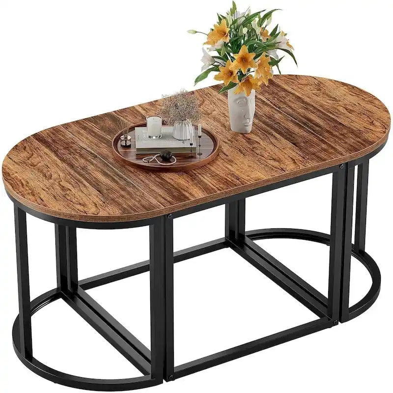 Modern Oval 3pc Coffee Table Set w/2 End Tables & Metal Frame