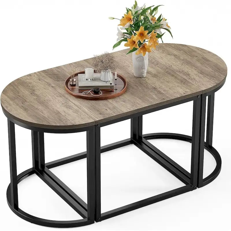 Modern Oval 3pc Coffee Table Set w/2 End Tables & Metal Frame