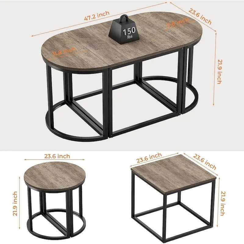 Modern Oval 3pc Coffee Table Set w/2 End Tables & Metal Frame