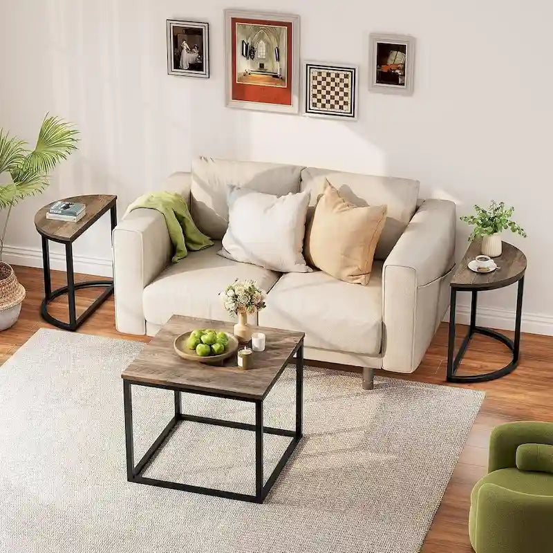 Modern Oval 3pc Coffee Table Set w/2 End Tables & Metal Frame
