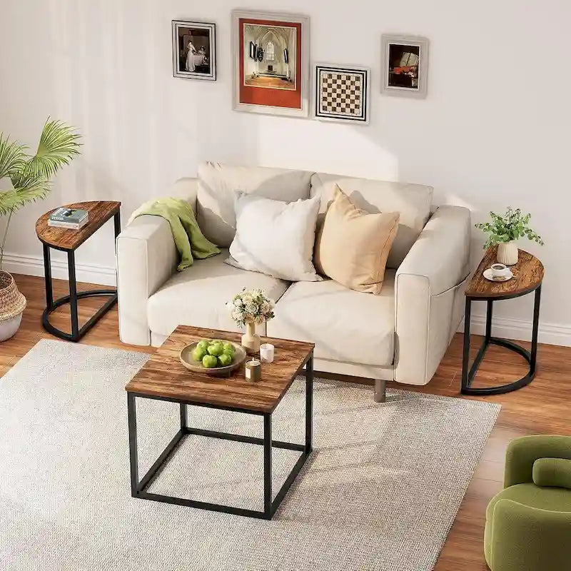 Modern Oval 3pc Coffee Table Set w/2 End Tables & Metal Frame