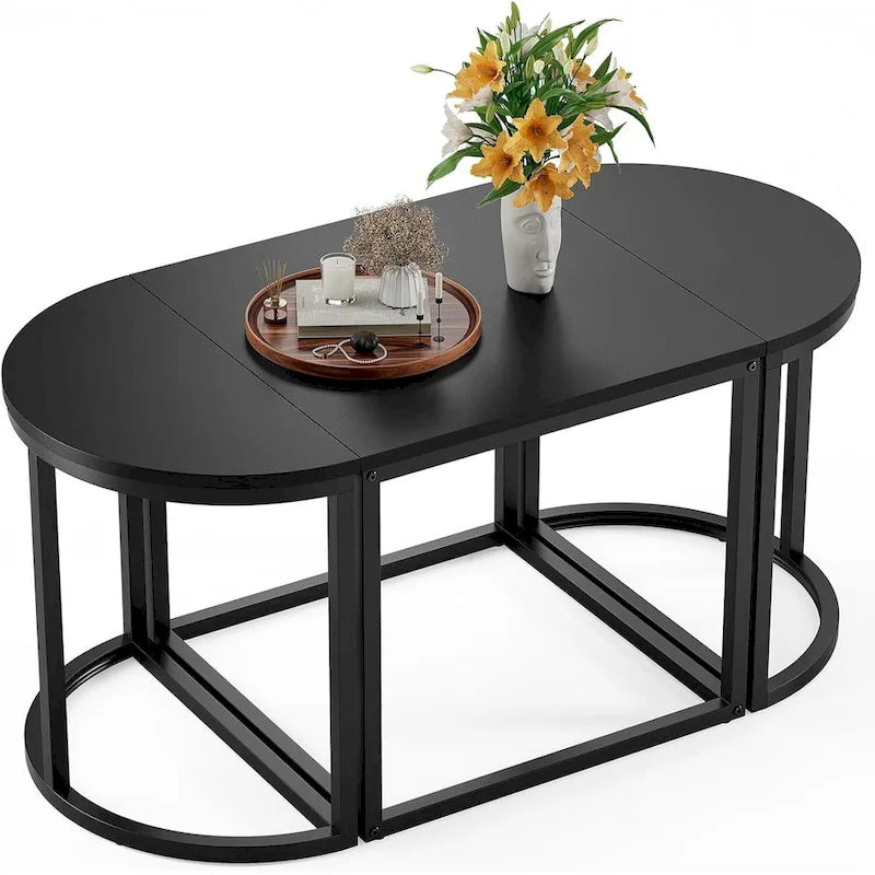 Modern Oval 3pc Coffee Table Set w/2 End Tables & Metal Frame
