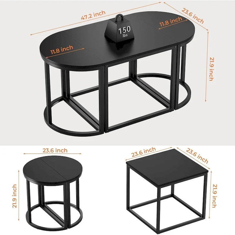 Modern Oval 3pc Coffee Table Set w/2 End Tables & Metal Frame