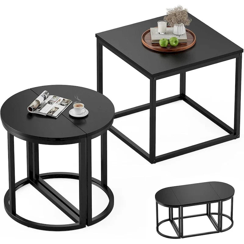 Modern Oval 3pc Coffee Table Set w/2 End Tables & Metal Frame