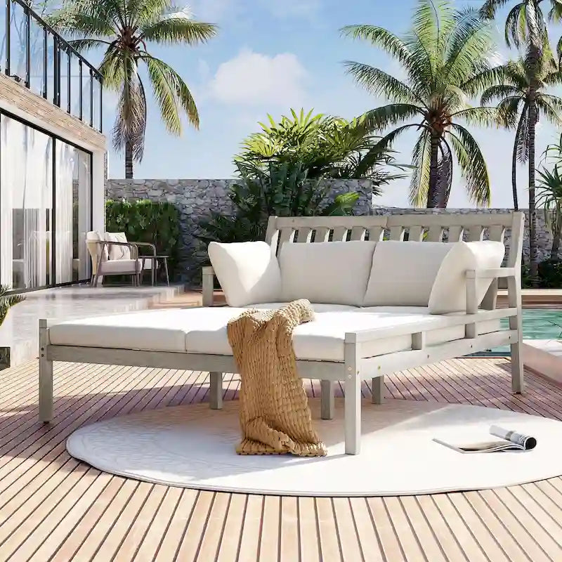 Wooden Patio Lounge Chair - 2-Position Chaise with Curved Armrests and 4 Cushions