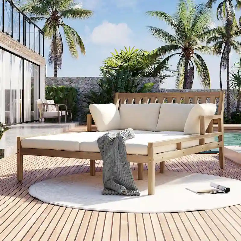 Wooden Patio Lounge Chair - 2-Position Chaise with Curved Armrests and 4 Cushions