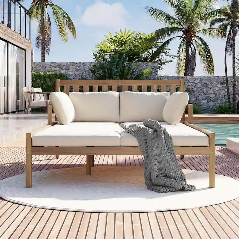 Wooden Patio Lounge Chair - 2-Position Chaise with Curved Armrests and 4 Cushions