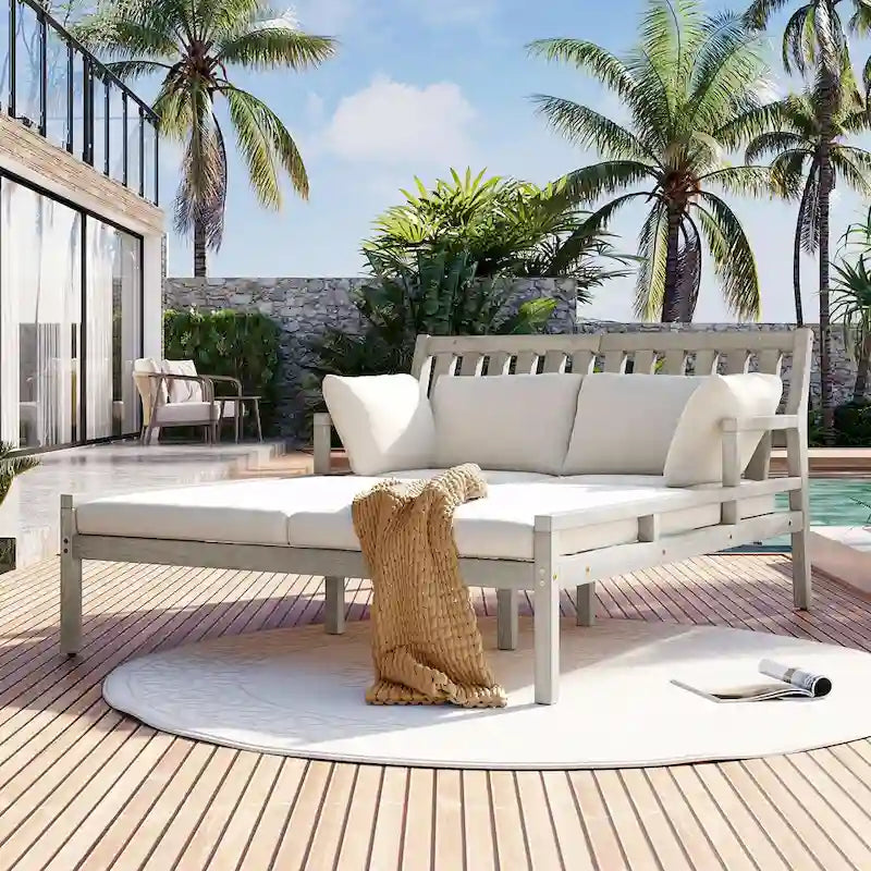 Wooden Patio Lounge Chair - 2-Position Chaise with Curved Armrests and 4 Cushions