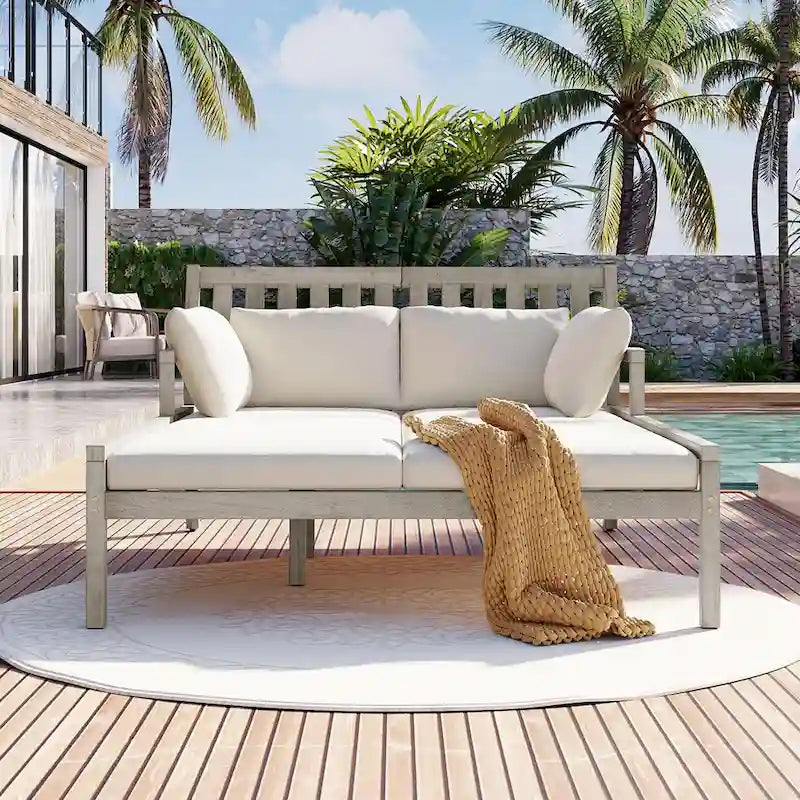 Wooden Patio Lounge Chair - 2-Position Chaise with Curved Armrests and 4 Cushions