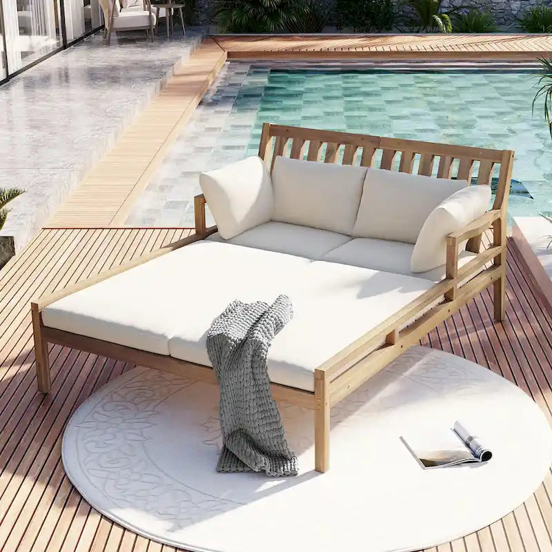 Wooden Patio Lounge Chair - 2-Position Chaise with Curved Armrests and 4 Cushions