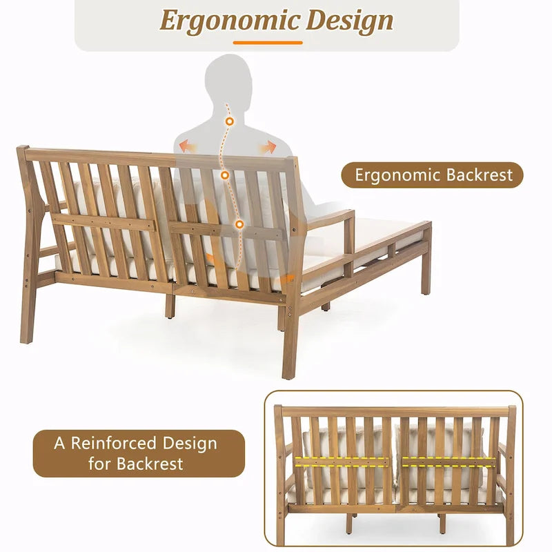 Wooden Patio Lounge Chair - 2-Position Chaise with Curved Armrests and 4 Cushions