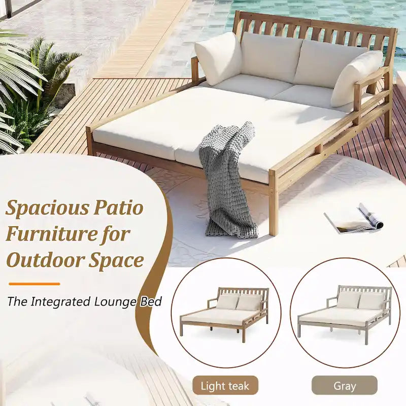 Wooden Patio Lounge Chair - 2-Position Chaise with Curved Armrests and 4 Cushions