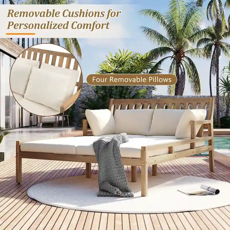 Wooden Patio Lounge Chair - 2-Position Chaise with Curved Armrests and 4 Cushions
