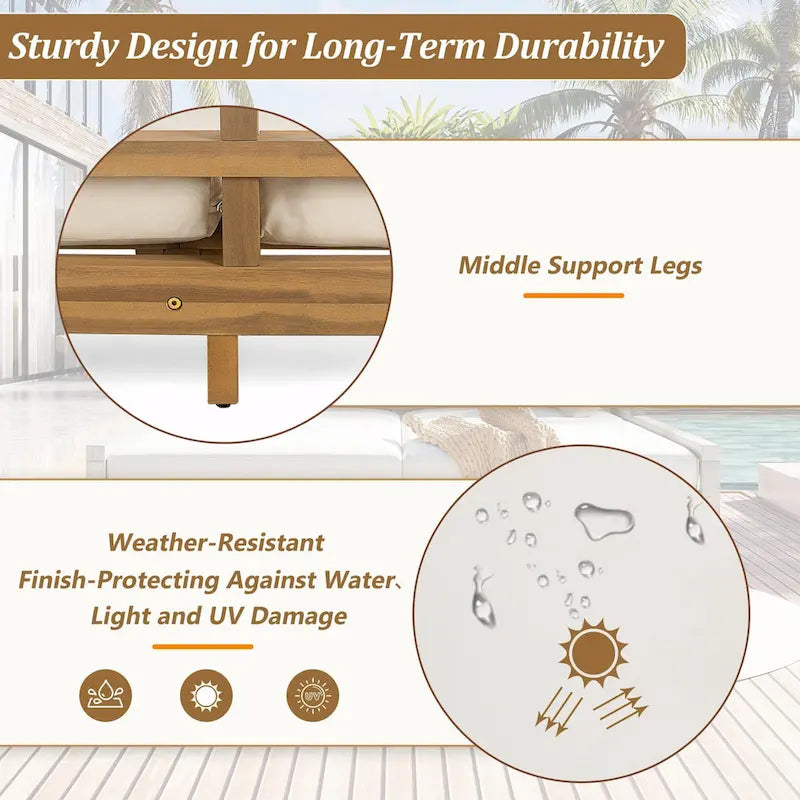 Wooden Patio Lounge Chair - 2-Position Chaise with Curved Armrests and 4 Cushions