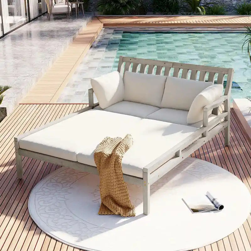 Wooden Patio Lounge Chair - 2-Position Chaise with Curved Armrests and 4 Cushions