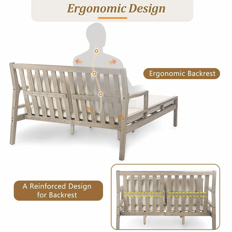 Wooden Patio Lounge Chair - 2-Position Chaise with Curved Armrests and 4 Cushions