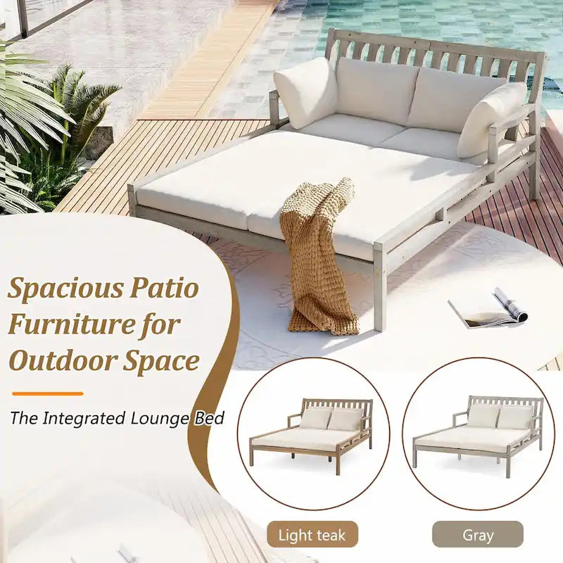 Wooden Patio Lounge Chair - 2-Position Chaise with Curved Armrests and 4 Cushions