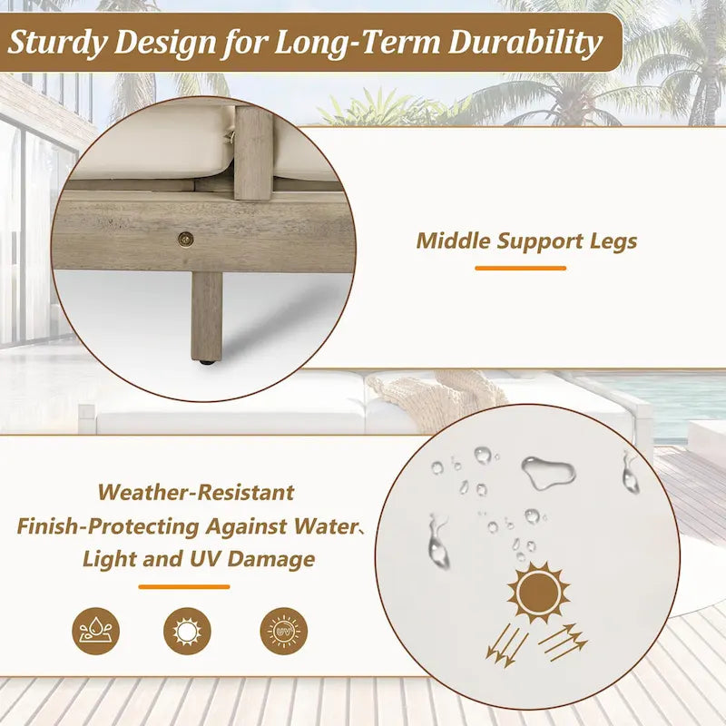 Wooden Patio Lounge Chair - 2-Position Chaise with Curved Armrests and 4 Cushions