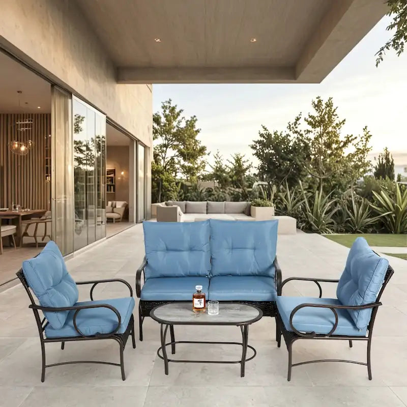 4 Piece Outdoor Patio Furniture Sets, Wicker Conversation Set for Porch Deck, Rattan Sofa Chair with Cushion