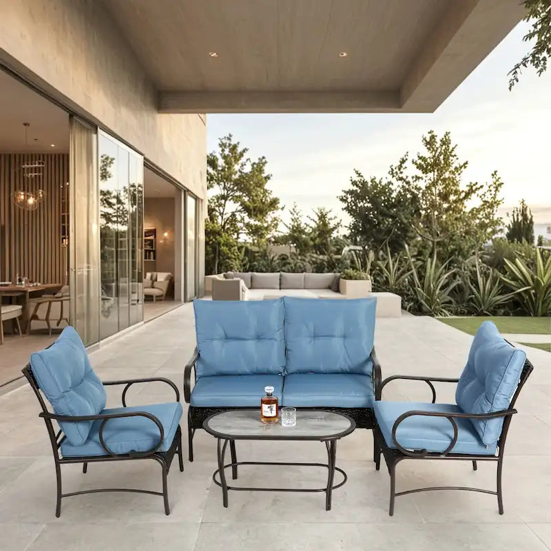 4 Piece Outdoor Patio Furniture Sets, Wicker Conversation Set for Porch Deck, Rattan Sofa Chair with Cushion
