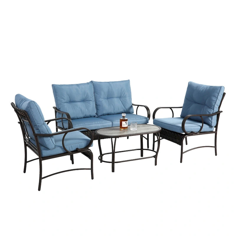 4 Piece Outdoor Patio Furniture Sets, Wicker Conversation Set for Porch Deck, Rattan Sofa Chair with Cushion