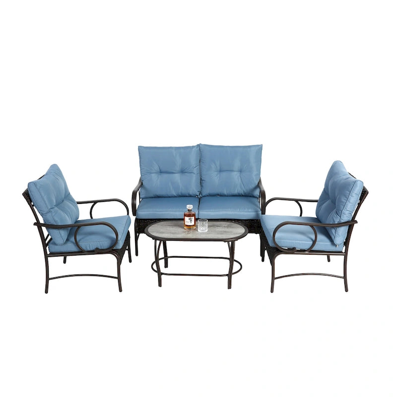 4 Piece Outdoor Patio Furniture Sets, Wicker Conversation Set for Porch Deck, Rattan Sofa Chair with Cushion