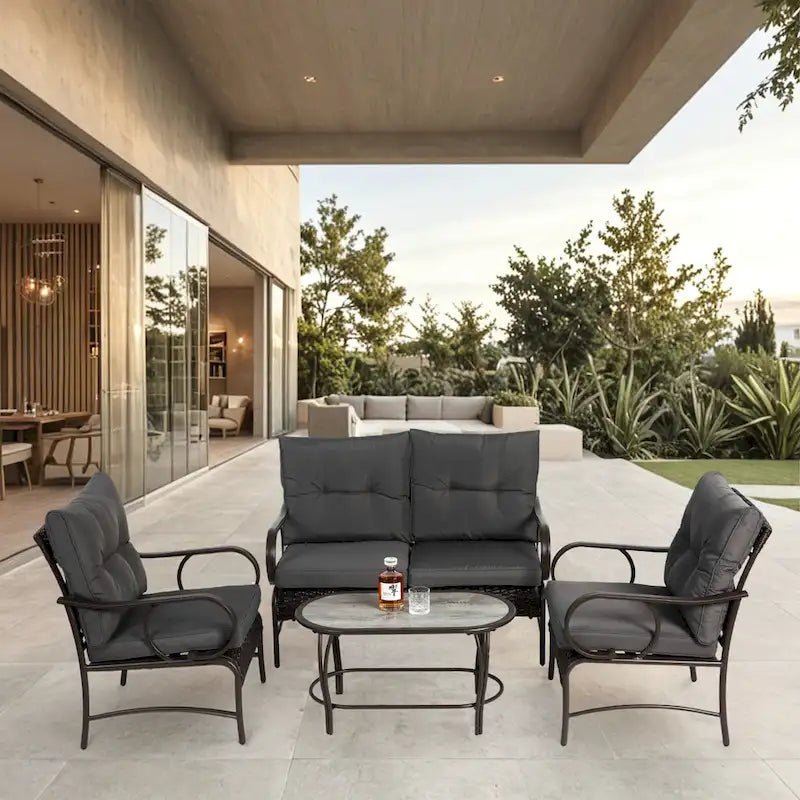 4 Piece Outdoor Patio Furniture Sets, Wicker Conversation Set for Porch Deck, Rattan Sofa Chair with Cushion