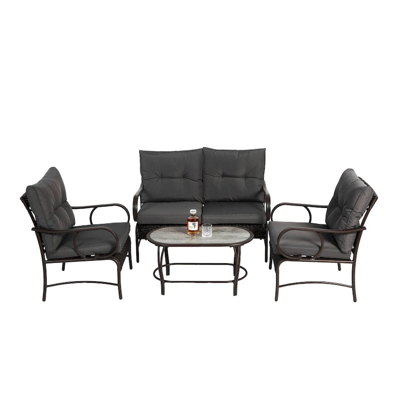 4 Piece Outdoor Patio Furniture Sets, Wicker Conversation Set for Porch Deck, Rattan Sofa Chair with Cushion