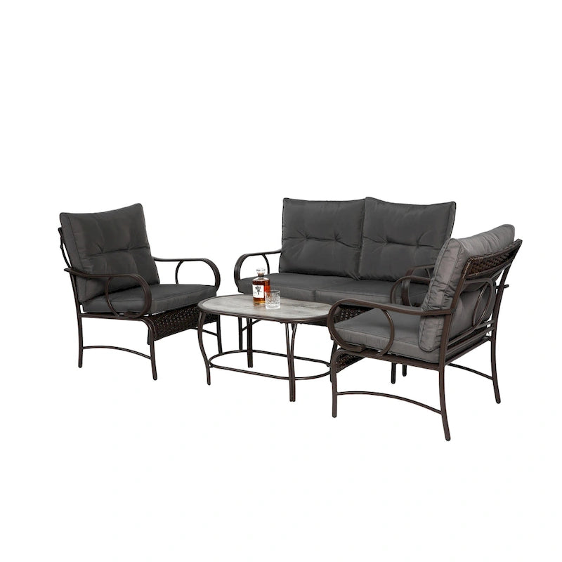 4 Piece Outdoor Patio Furniture Sets, Wicker Conversation Set for Porch Deck, Rattan Sofa Chair with Cushion