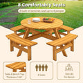 8 Person Dining Table with 4 Built-in Benches Outdoor Camping Round Dining Table Poolside Picnic Beer Table with Seat