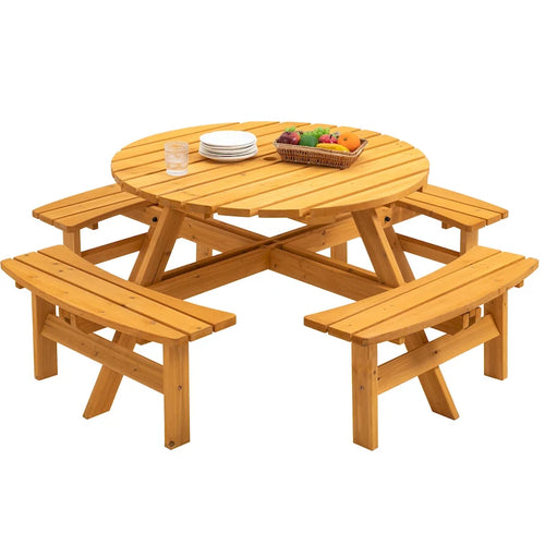 8 Person Dining Table with 4 Built-in Benches Outdoor Camping Round Dining Table Poolside Picnic Beer Table with Seat