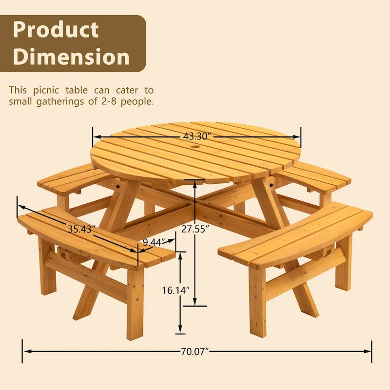 8 Person Dining Table with 4 Built-in Benches Outdoor Camping Round Dining Table Poolside Picnic Beer Table with Seat