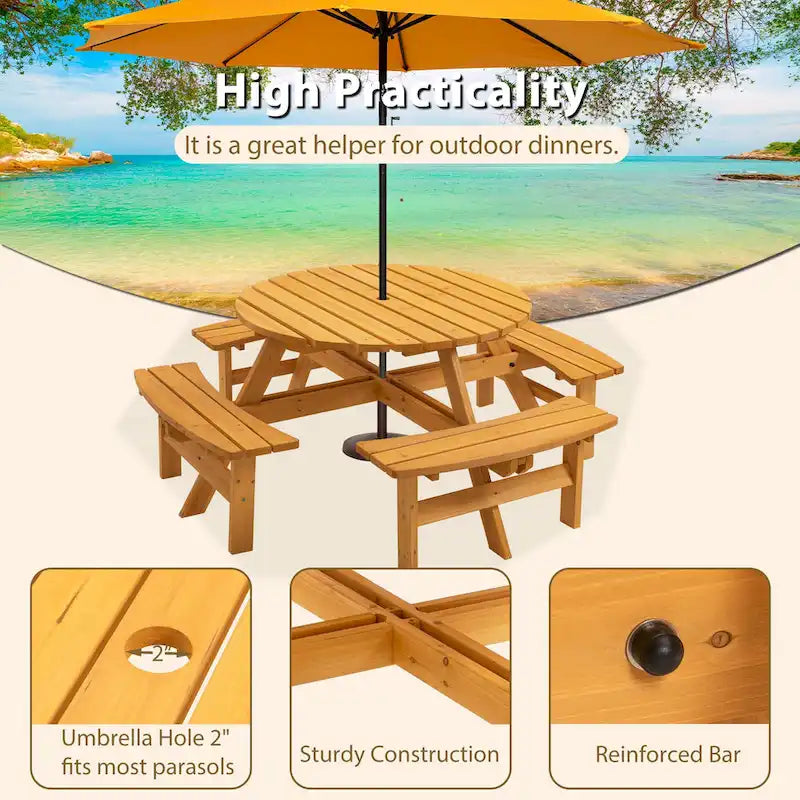 8 Person Dining Table with 4 Built-in Benches Outdoor Camping Round Dining Table Poolside Picnic Beer Table with Seat