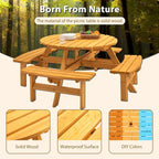 8 Person Dining Table with 4 Built-in Benches Outdoor Camping Round Dining Table Poolside Picnic Beer Table with Seat